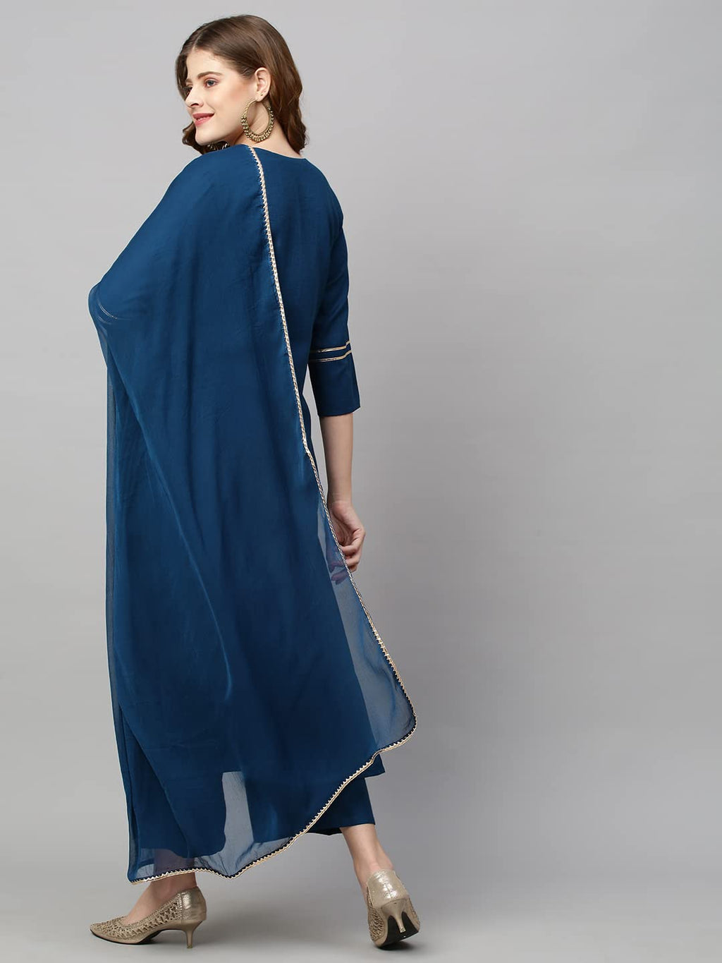 ANNI DESIGNER Womens Cotton Blend Straight Embroidered Kurta with Pant & Dupatta (Mahuni) Blue