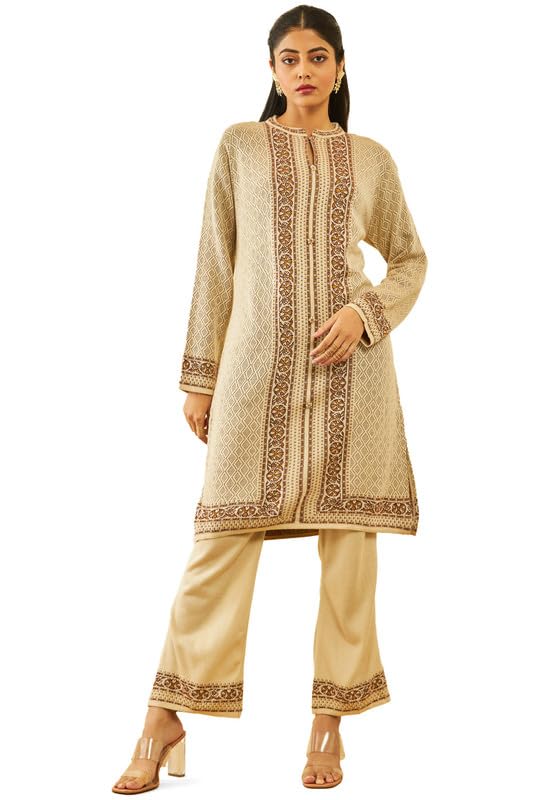 Soch Womens Beige Acrylic Floral Pattern Knitted Winter Straight Kurta Set