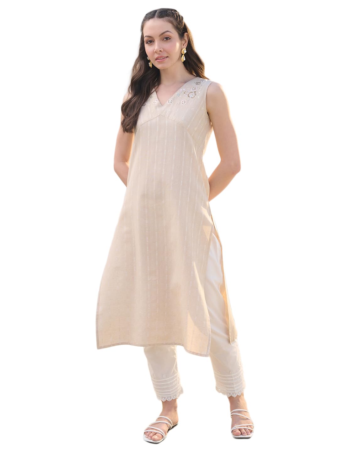 Stylum Women'S Solid & Embroidered Cotton Blend Straight Kurta (Beigenimo42_Beige, Xl)