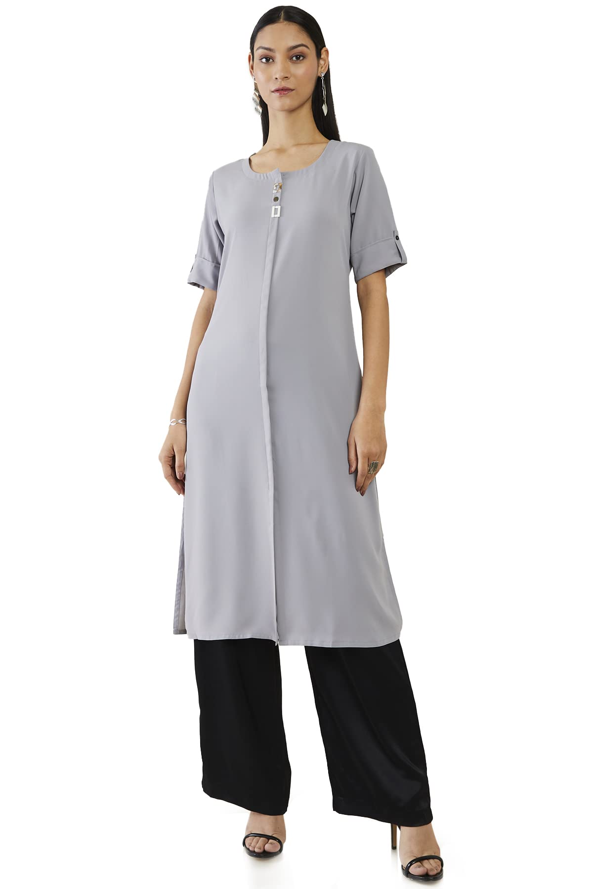 Soch Women Grey Viscose Solid Kurta(Grey_M)