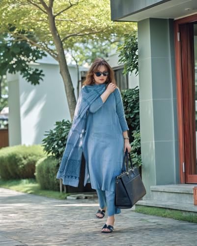 ANNI DESIGNER Womens Rayon Blend Solid Straight Kurta with Pant & Dupatta (Raja Saab Light Blue-VKS04_XL_Light Blue_X-Large)