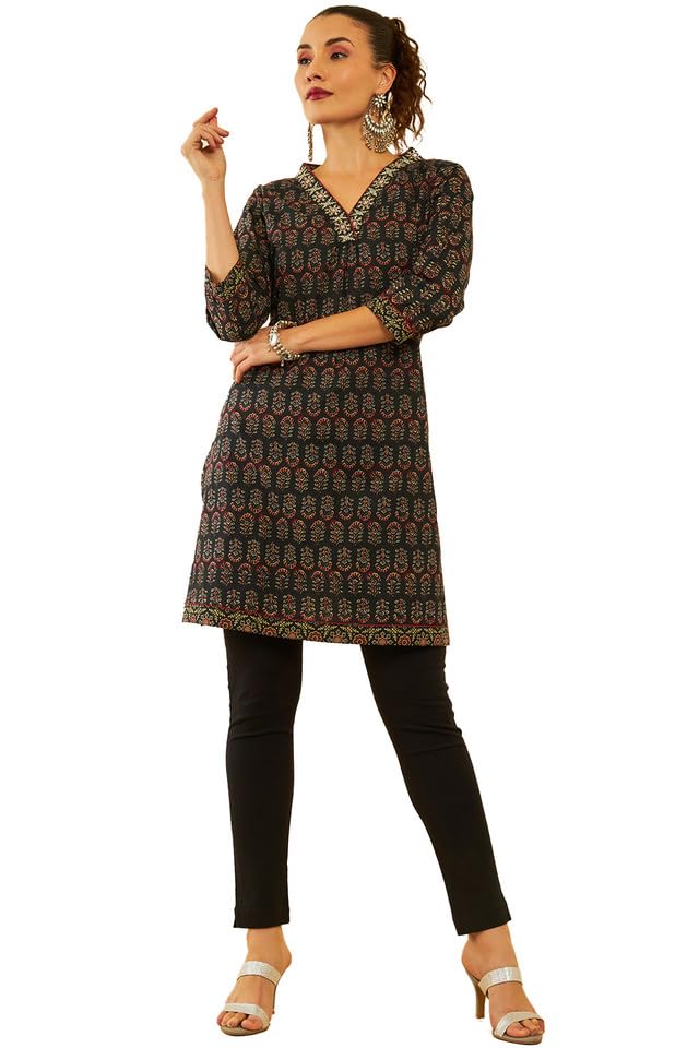Soch Womens Black Cotton Floral Printed Short Kurta With Zari Work