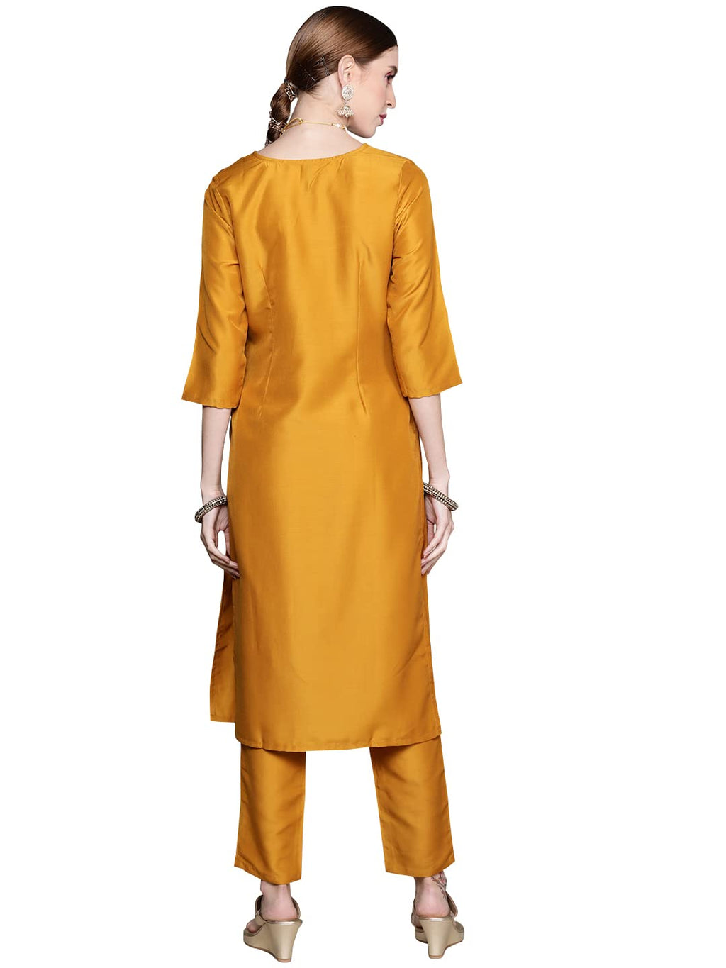 Ziyaa Women'S Mustard Chinon Straight Kurta And Pant Set(Zikuch3779Andpa)