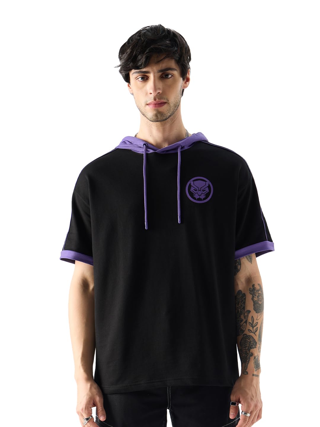 The Souled Store Black Panther: Wakanda Forever Men and Boys Graphic Print Short Sleeve Pull On Oversized Fit Hooded T-Shirts Ho