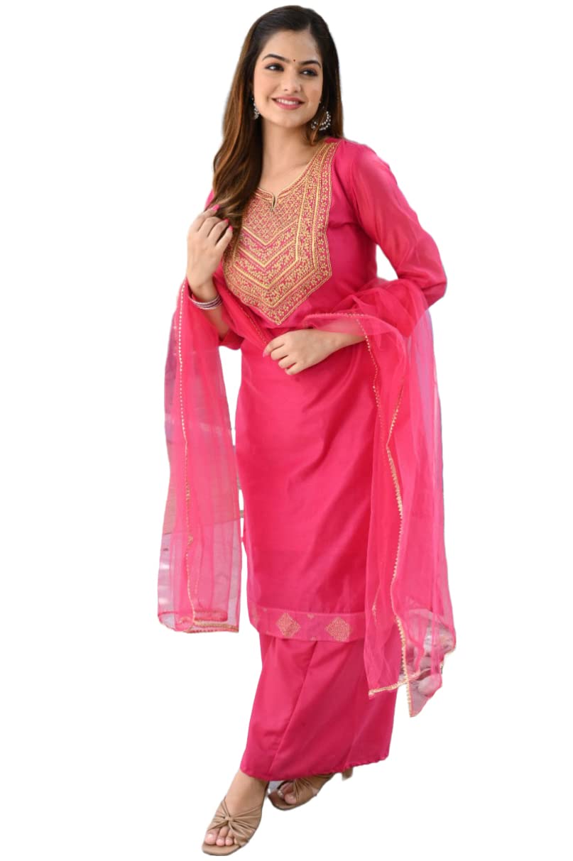Gosriki Women'S Cotton Blend Straight Solid Kurta With Palazzo & Dupatta (With Rani_Xl-Go_Rani_X-Large)