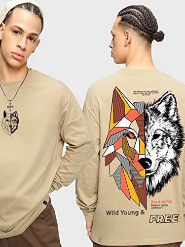 Bewakoof MenS Beast Within Graphic Printed 100% Cotton T-Shirt - Oversized Fit, Round Neck, Full Sleeves_581508_Brown_L