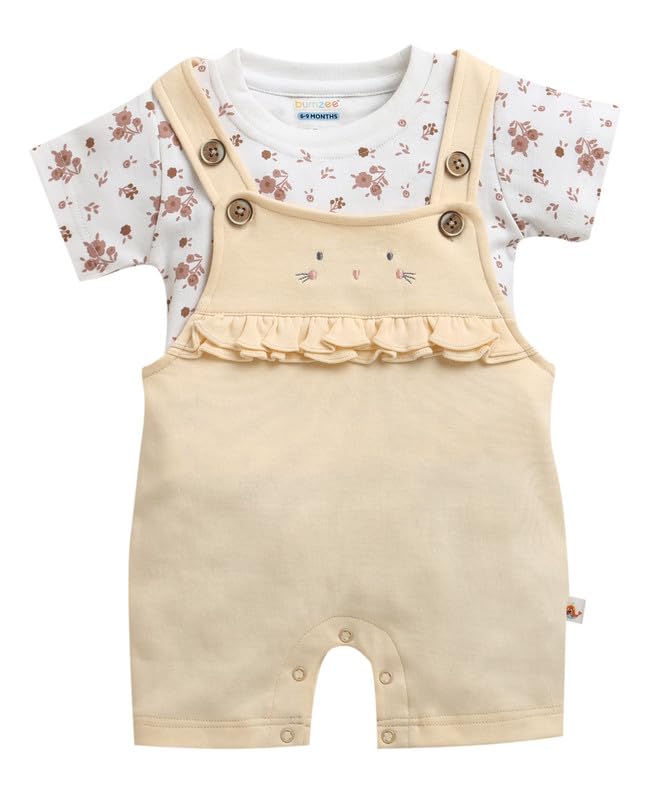 BUMZEE Baby Girls Cotton Round Neck Half Sleeves Floral Print Dungaree Set With Inner Tee Coral & Yellow - 3-6 Months (Peb11214C
