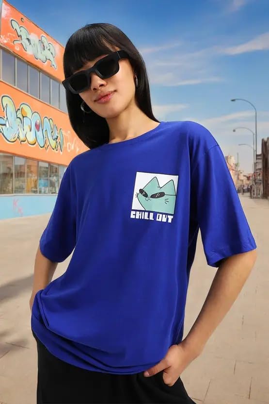 Juneberry Oversize Loose Baggy Fit Drop Shoulder Cool And Stylish Latest Chill Out Pocket Print Design Royal Blue Half Sleeve T-