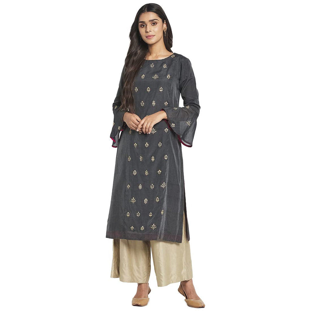 Fabindia Women Cotton Silk Embroidered Slim Fit Long Kurta Grey_Xs
