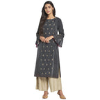 Fabindia Women Cotton Silk Embroidered Slim Fit Long Kurta Grey_Xs