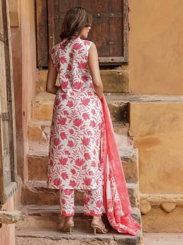 ANNI DESIGNER Womens Cotton Blend Printed Straight Kurta with Pant & Dupatta (Root Pink_XL_Pink_X-Large)