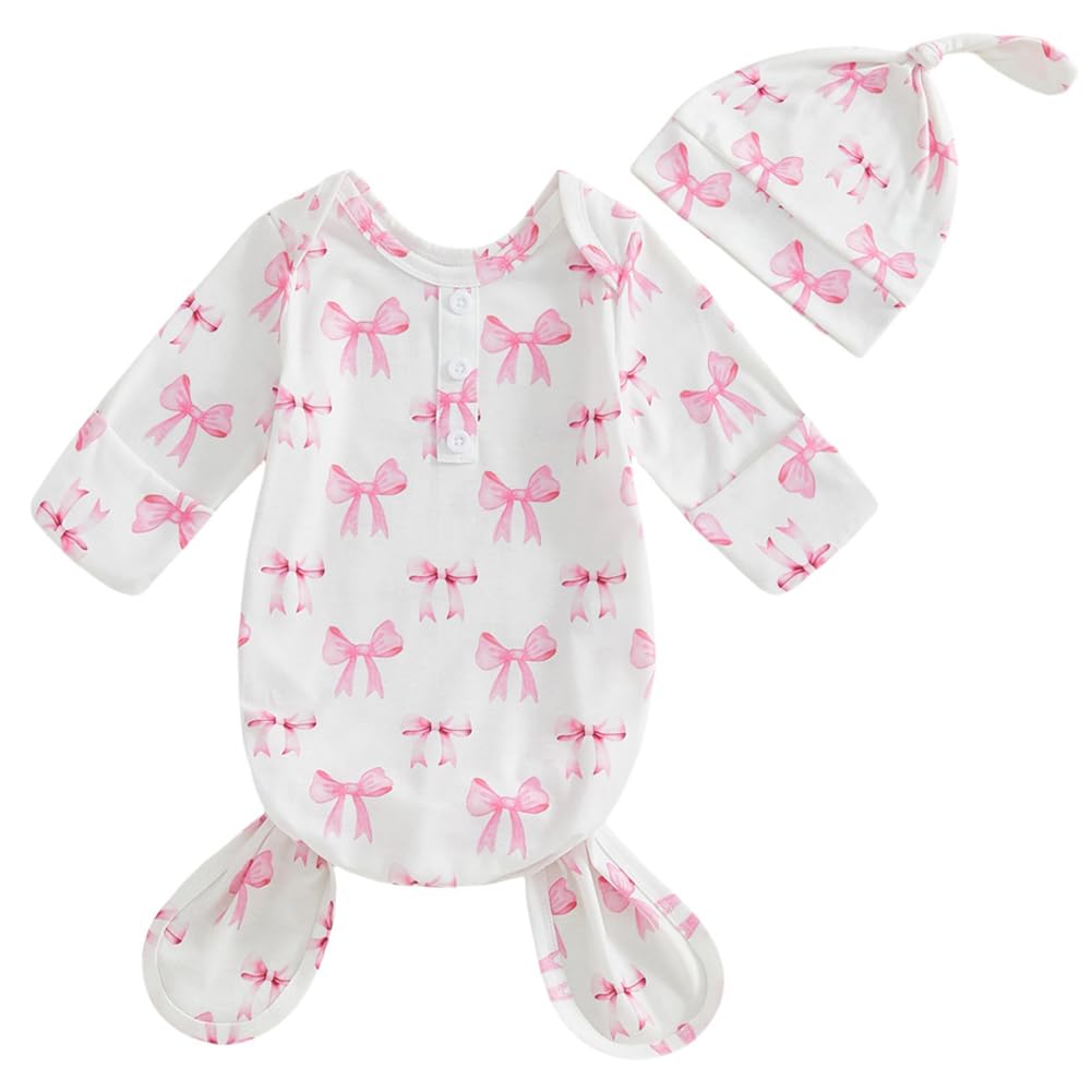 Newborn Infant Baby Girls Knotted Gown With Hat Coquette Bow Aesthetic Blanket Sleeping Bag Swaddle Set, Pink, 03 Months 0-3