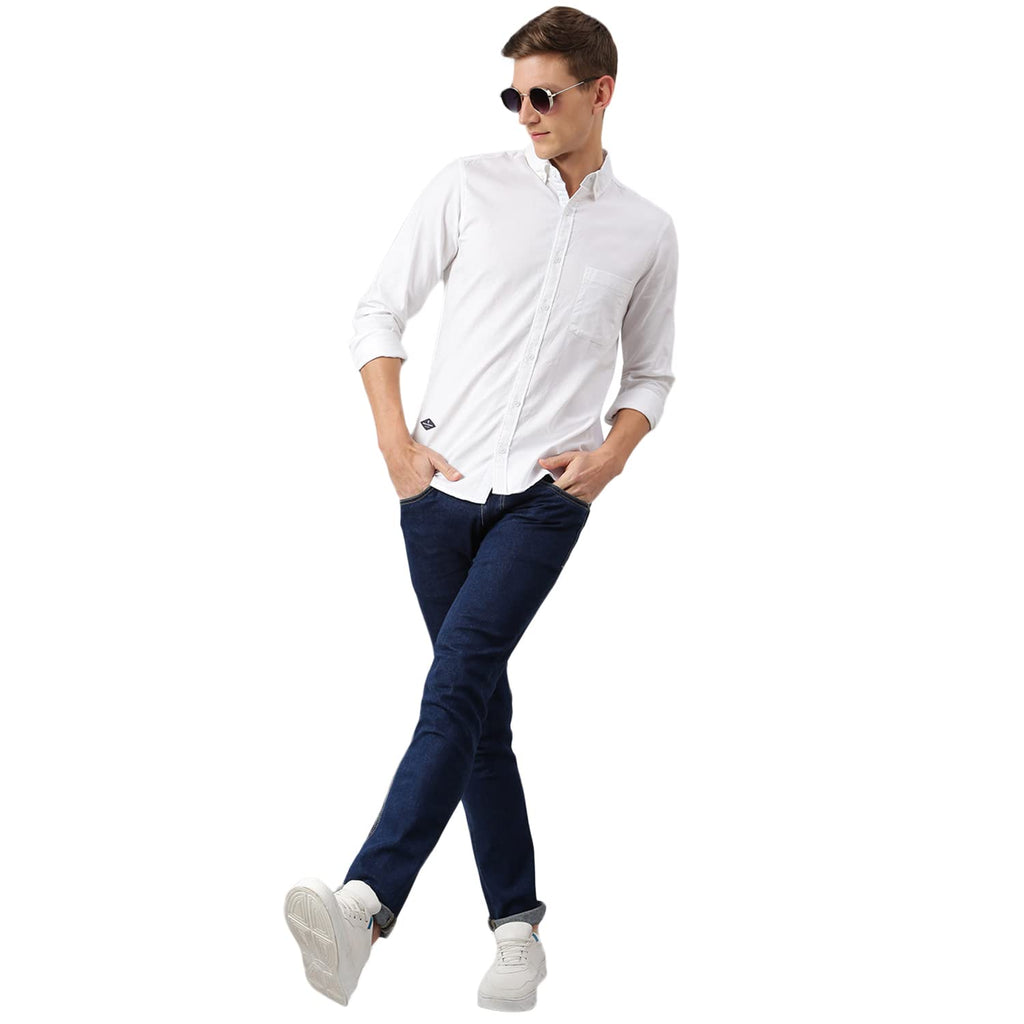 Thomas Scott Mens Solid Slim Fit 100% Cotton Casual Shirt with Button Down Collar and Full Sleeve White