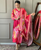 ANNI DESIGNER Womens Cotton Blend Printed Straight Kurta with Pant & Dupatta (Tumari Pink_M_Pink_Medium)