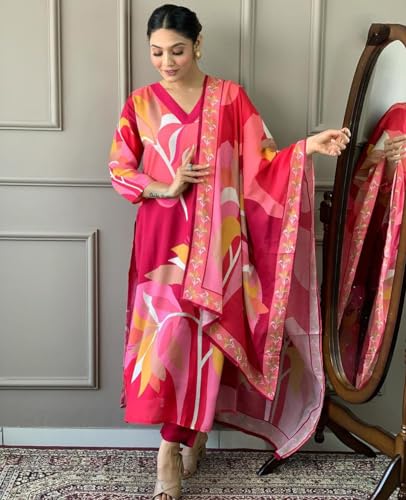 ANNI DESIGNER Womens Cotton Blend Printed Straight Kurta with Pant & Dupatta (Tumari Pink_S_Pink_Small)