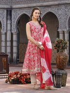 Stylum Womens Printed & Embroidered Cotton Anarkali Kurta Pant Dupatta Set