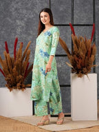 ANNI DESIGNER Womens Cotton Blend Straight Printed Straight Fit Kurta With Palazzo (Chinki Pista_L_Pista_Large)