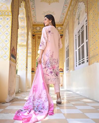 ANNI DESIGNER Womens Cotton Blend Printed Straight Kurta with Pant & Dupatta (Durjan Pink_XXL_Pink_XX-Large)