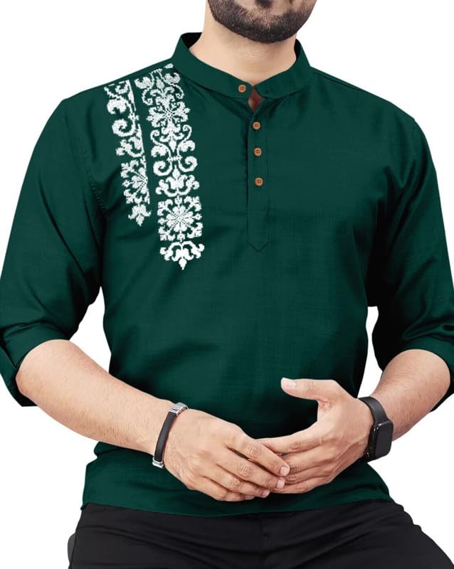 Finivo Fashion MenS Cotton Blend Kurta Style Shirt | Mandarin Collar Long Sleeve Casual Ethnic Shirt With Button Placket | Styl