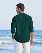 Macsivo MenS Casual Cotton Polyester Blend Long Sleeve Henley Short Kurta | Lightweight Summer Kurta Green