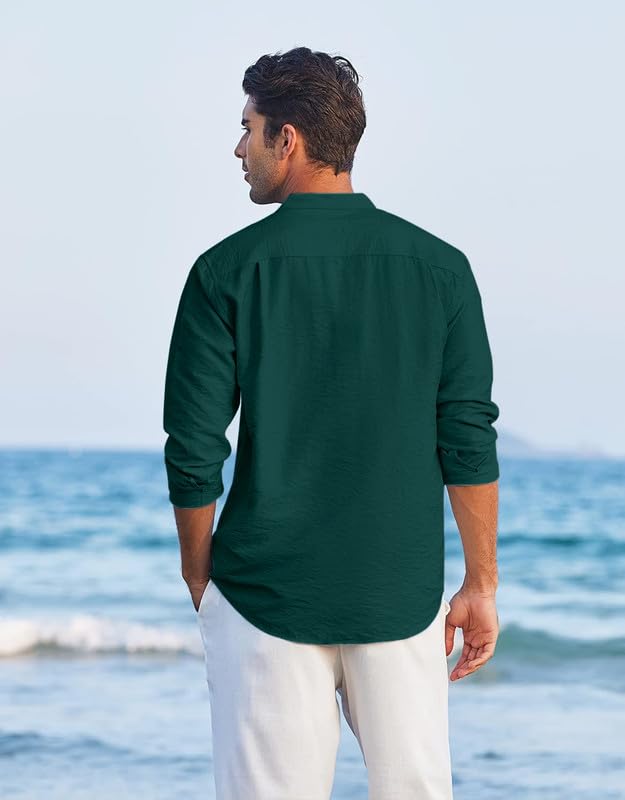 Macsivo MenS Casual Cotton Polyester Blend Long Sleeve Henley Short Kurta | Lightweight Summer Kurta Green