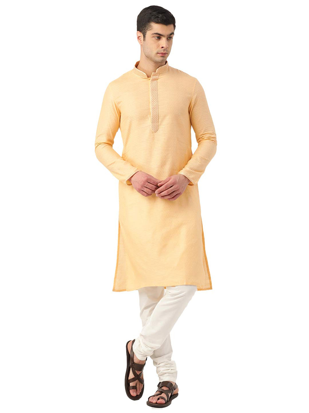 Manyavar SelfDesign Printed Sytlish Kurta and Churidar Set For Men - (Fawn, Medium)