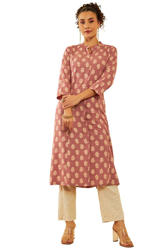 Soch Women Rayon Floral Printed Mandarin Collar Panelled Kurta
