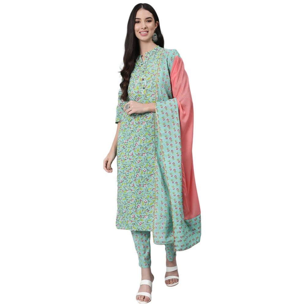 Anubhutee Women'S Cotton Floral Printed Sequinned Straight Kurta Suit Set With Dupatta & Pants