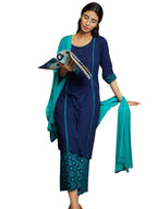 ANNI DESIGNER Women's Cotton Blend Printed Straight Kurta, Palazzo & Dupatta (Homing New Blue_XXL_Navy Blue_XX-Large)