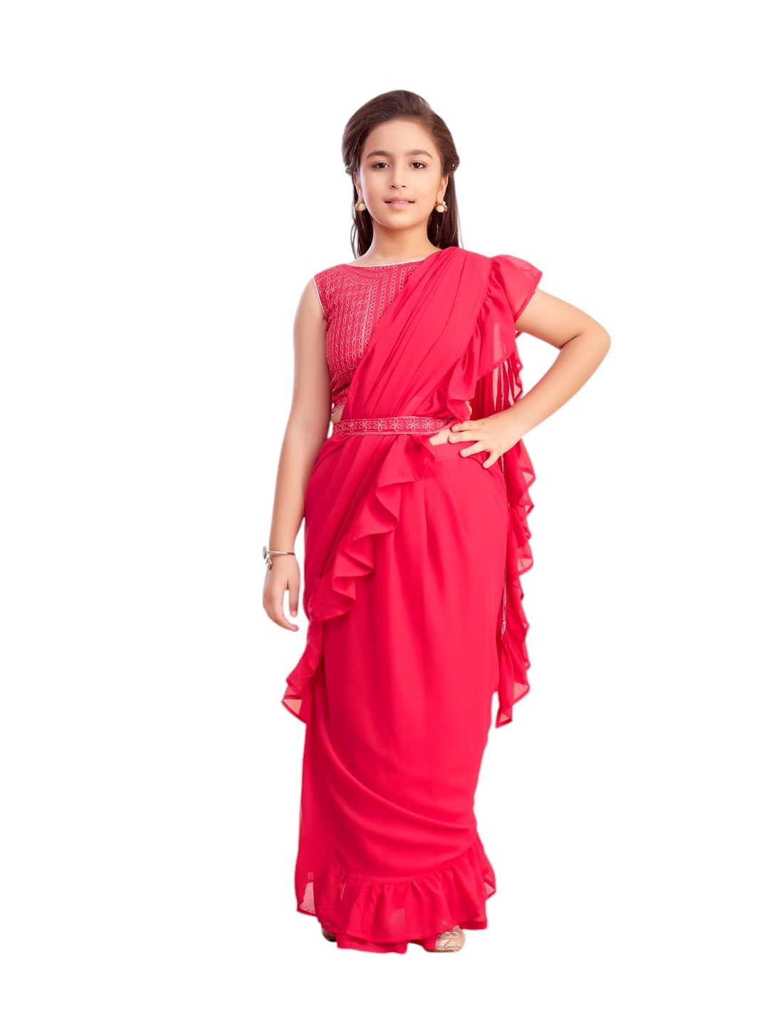Aarika Girls Ethnic Wear Rani Colour Threat Embroidery Georgette Lehenga Saree With Attachable Dupatta-(3-13 Years)-(SR-26033-RA