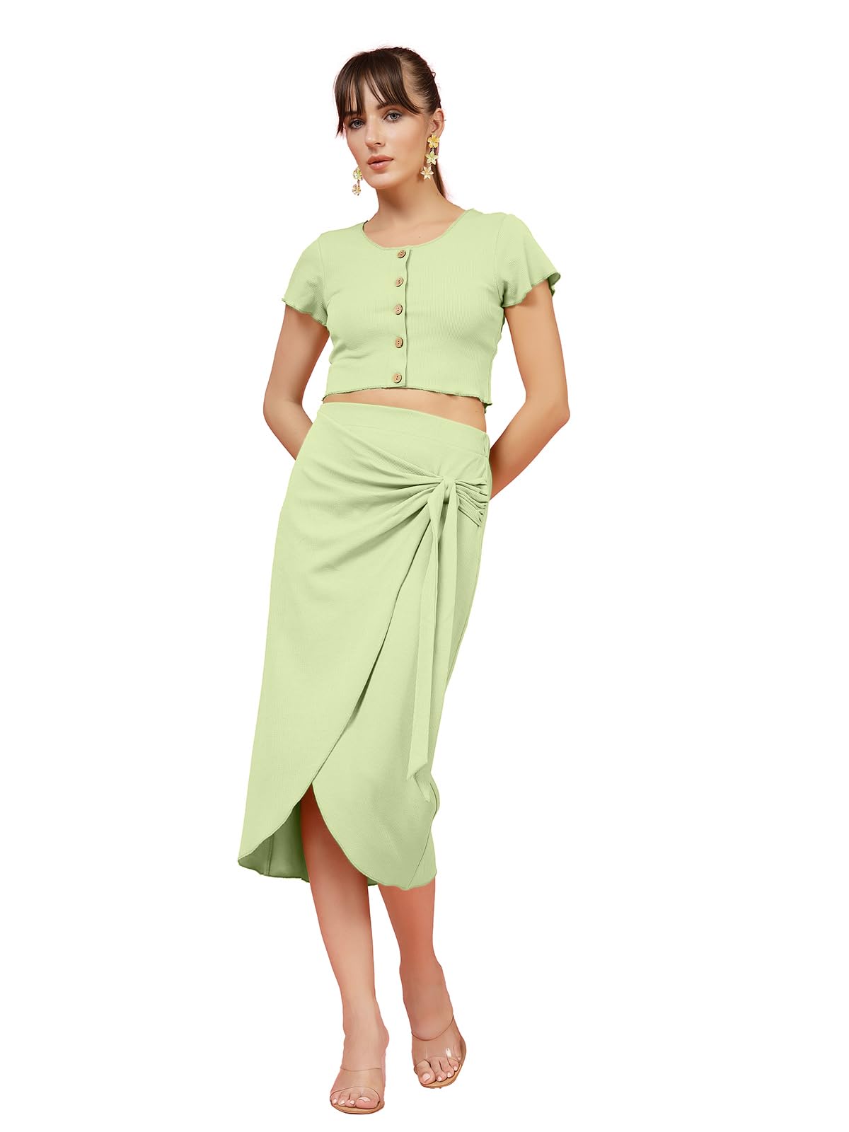 OOMPH! Stretchable Lycra Coord Crop Top and Skirt Set for Women, Green - coord_mt977msk254