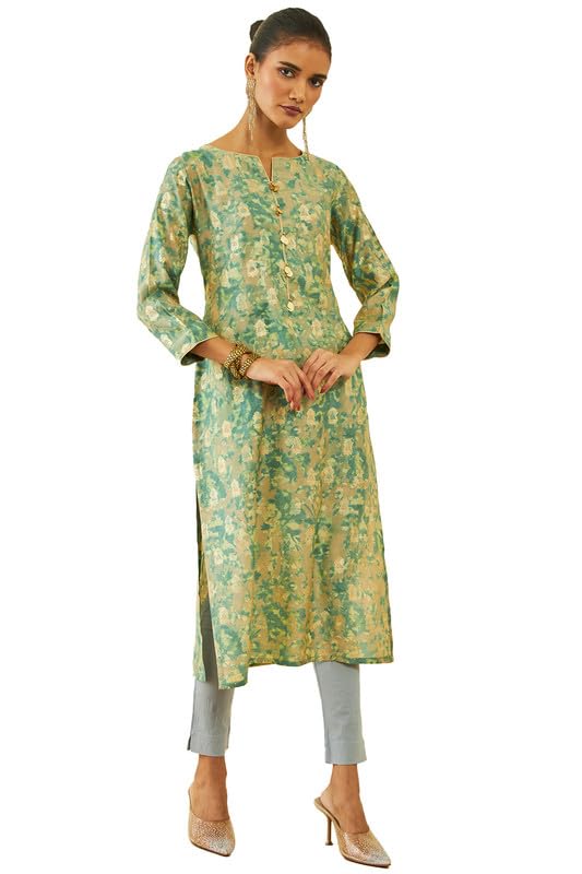 Soch Womens Green Muslin Floral Foil Print Straight Kurta With Pocket