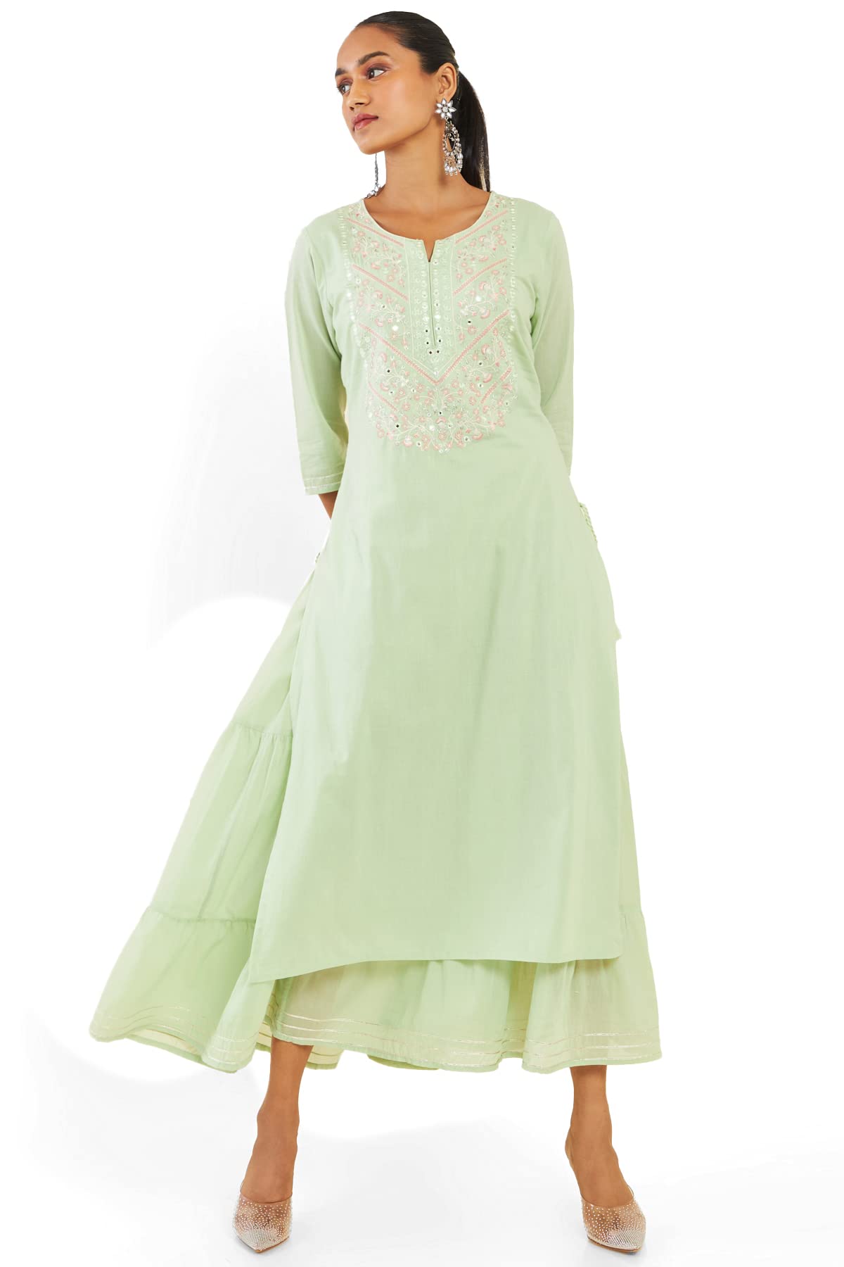 Soch Women Green Cotton Embroidered Dress Kurta(8907715935745_Green_Xl)