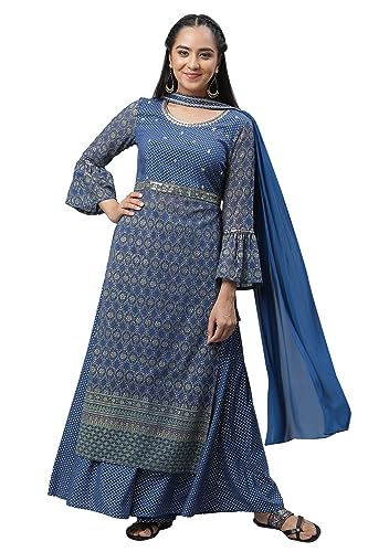 Aurelia Women Bright Blue Polyester Straight Kurta, Palazzos, Dupatta Suit Set_23Auas13830-507590
