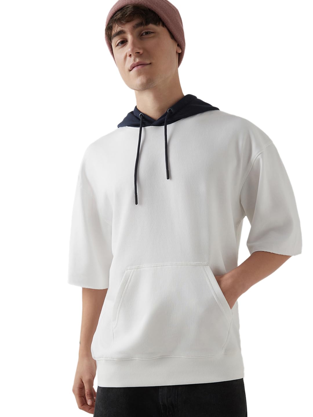 Bewakoof Mens Solid Oversized Fit Half Sleeve Hooded Poly Cotton Hoodies_644608_White_XL