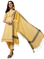 Nainvish Women'S Cotton Printed Straight Round Neck Kurta Pant With Dupatta (Sd477_Kbd-L._Yellow)