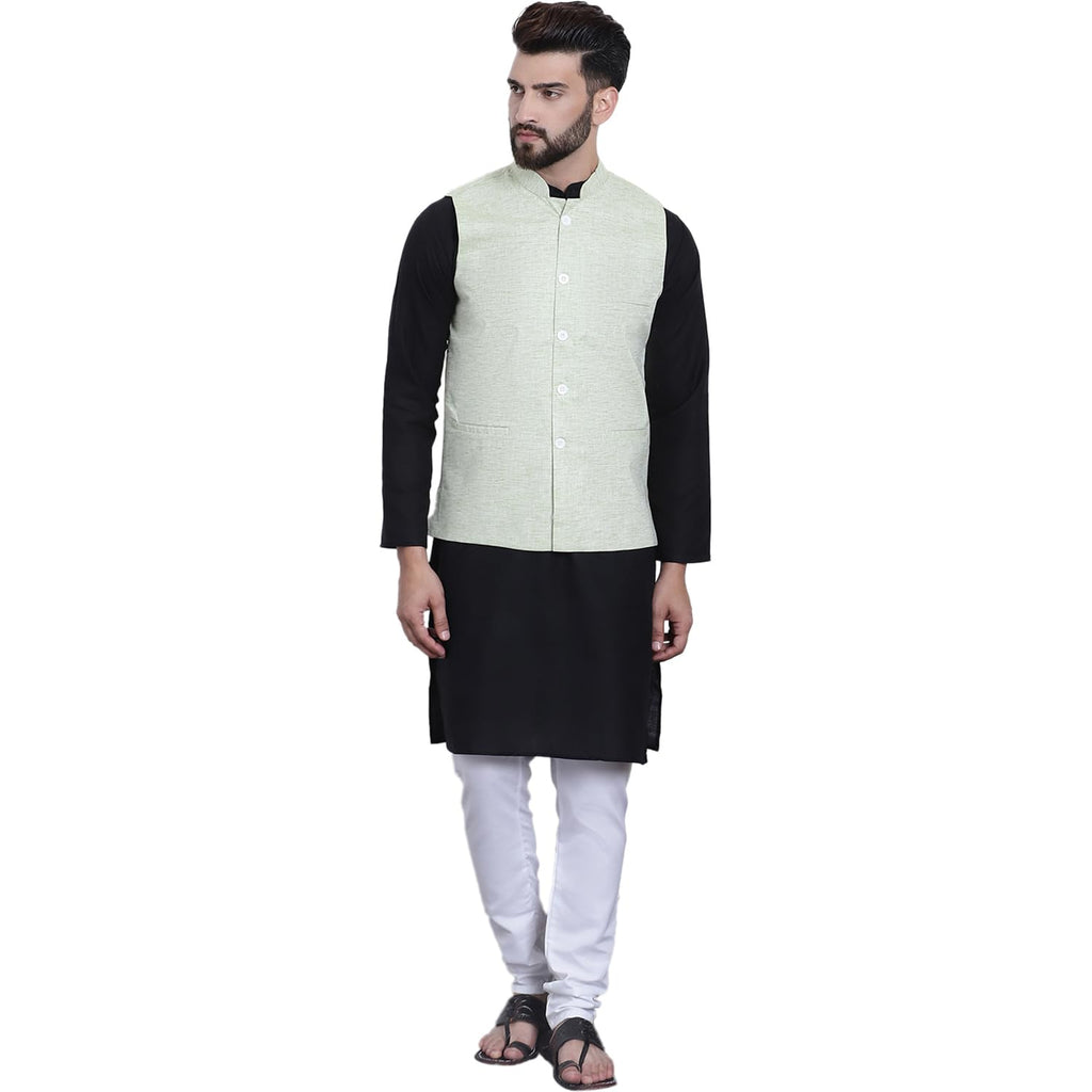 SOJANYA (Since 1958 Mens Black Kurta with white Pyjama & Green Nehrujacket Combo