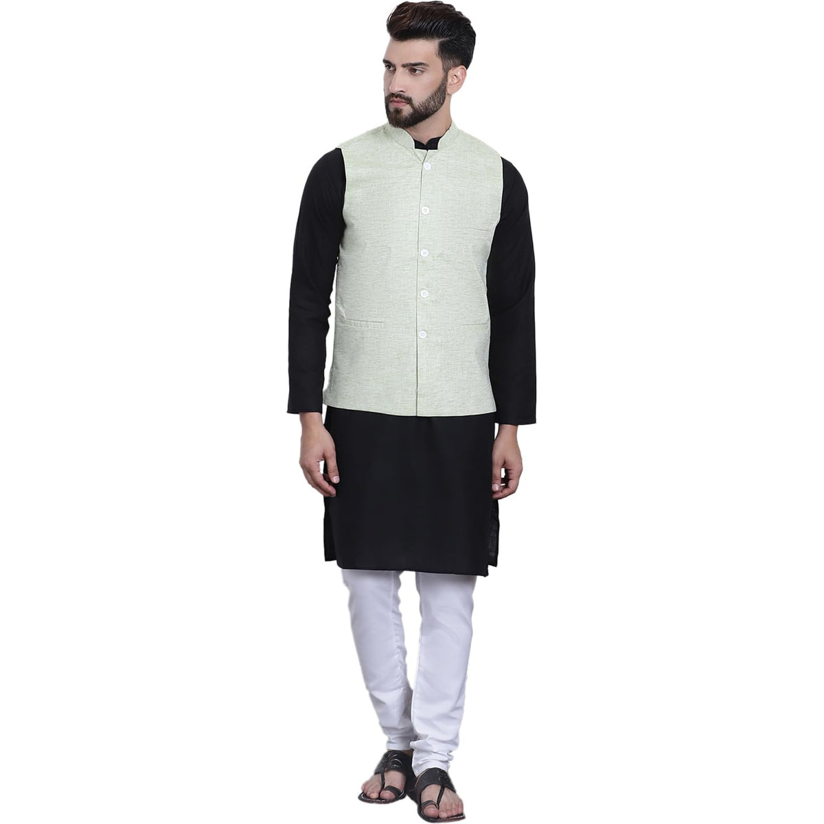 SOJANYA (Since 1958 Mens Black Kurta with white Pyjama & Green Nehrujacket Combo