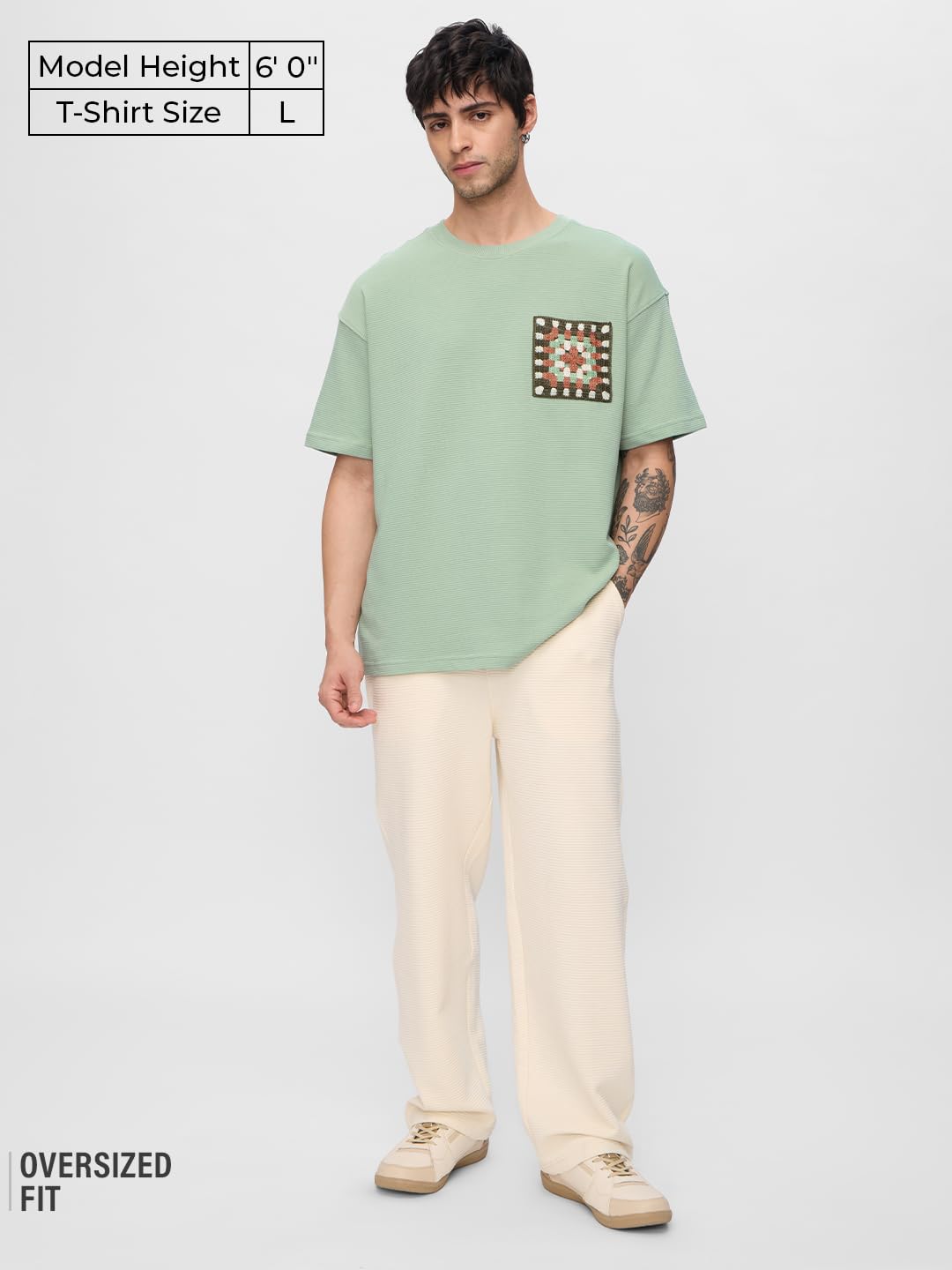 The Souled Store Ottoman T-Shirt: Indie Weave Men and Boys Short Sleeves Round Neck Green Embellished Cotton Blend Oversized T-S