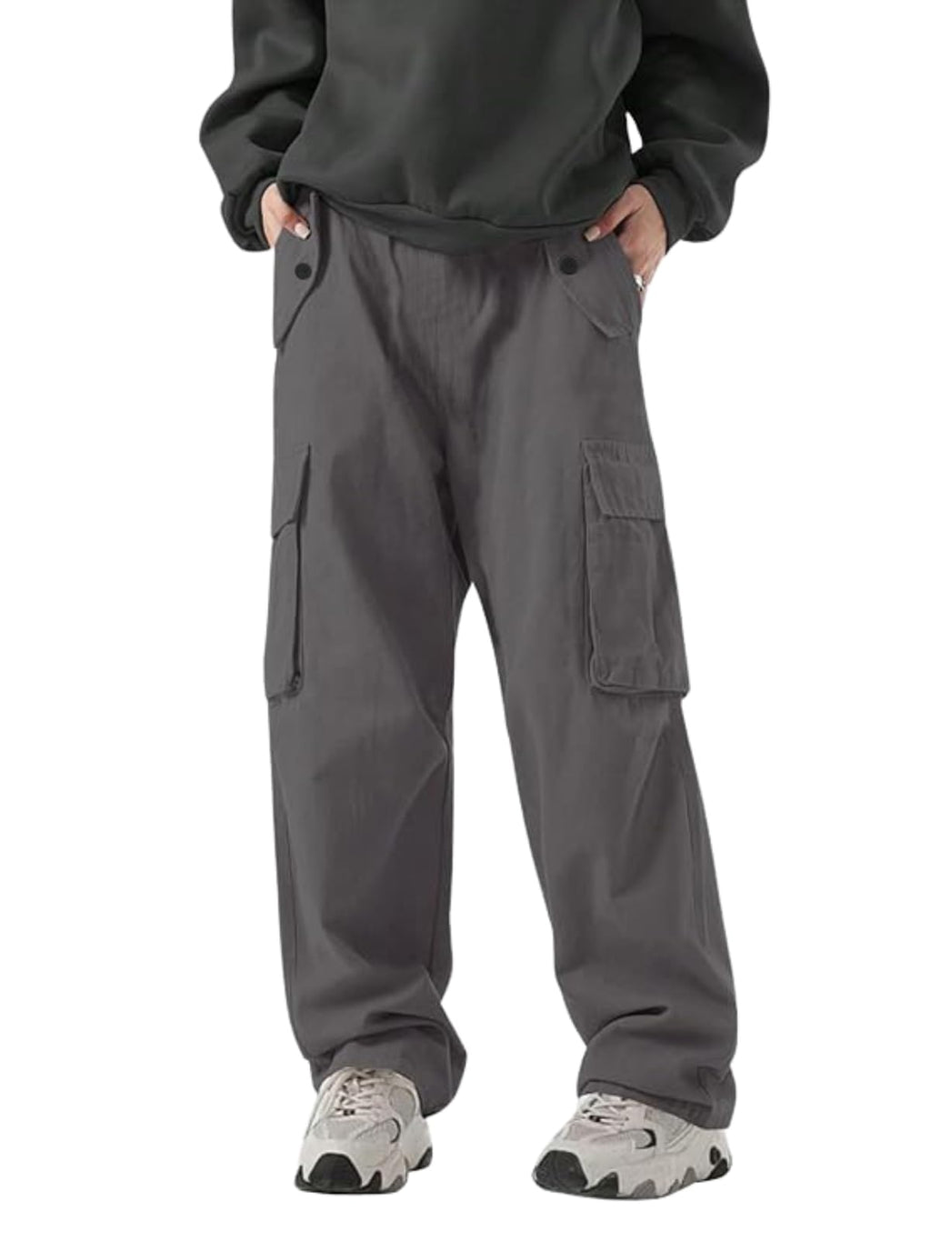 Greciilooks MenS Loose Low Rise Cargo Pants | Baggy 6 Pocket Lower Pant | Casual Cotton Pents | Formal Trousers Grey
