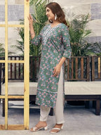 Sanisa Women'S Cotton Floral Printed Chikankari Embroidered Straight Kurti