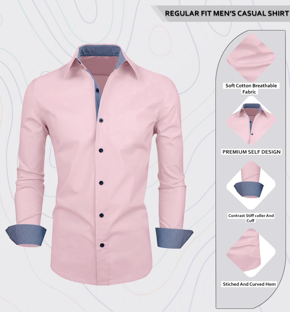 Zombom MenS Classic Cotton Blend Regular Fit Full Sleeve Spread Collar Casual Shirt For Men Light Pink
