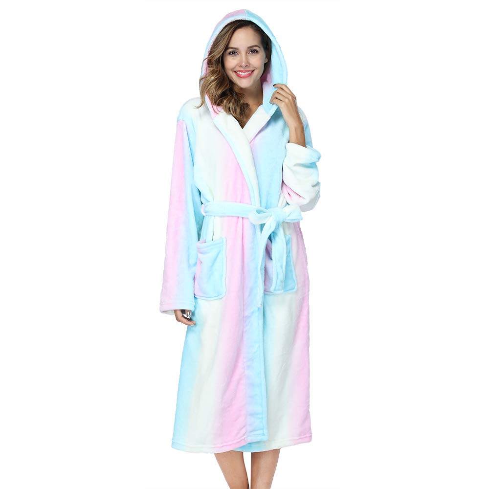 RONGTAI Womens Robes Plush Fleece Print Rainbow Hooded Bathrobe Thick Nightgown with Pockets Fluffy Sleepwear Large