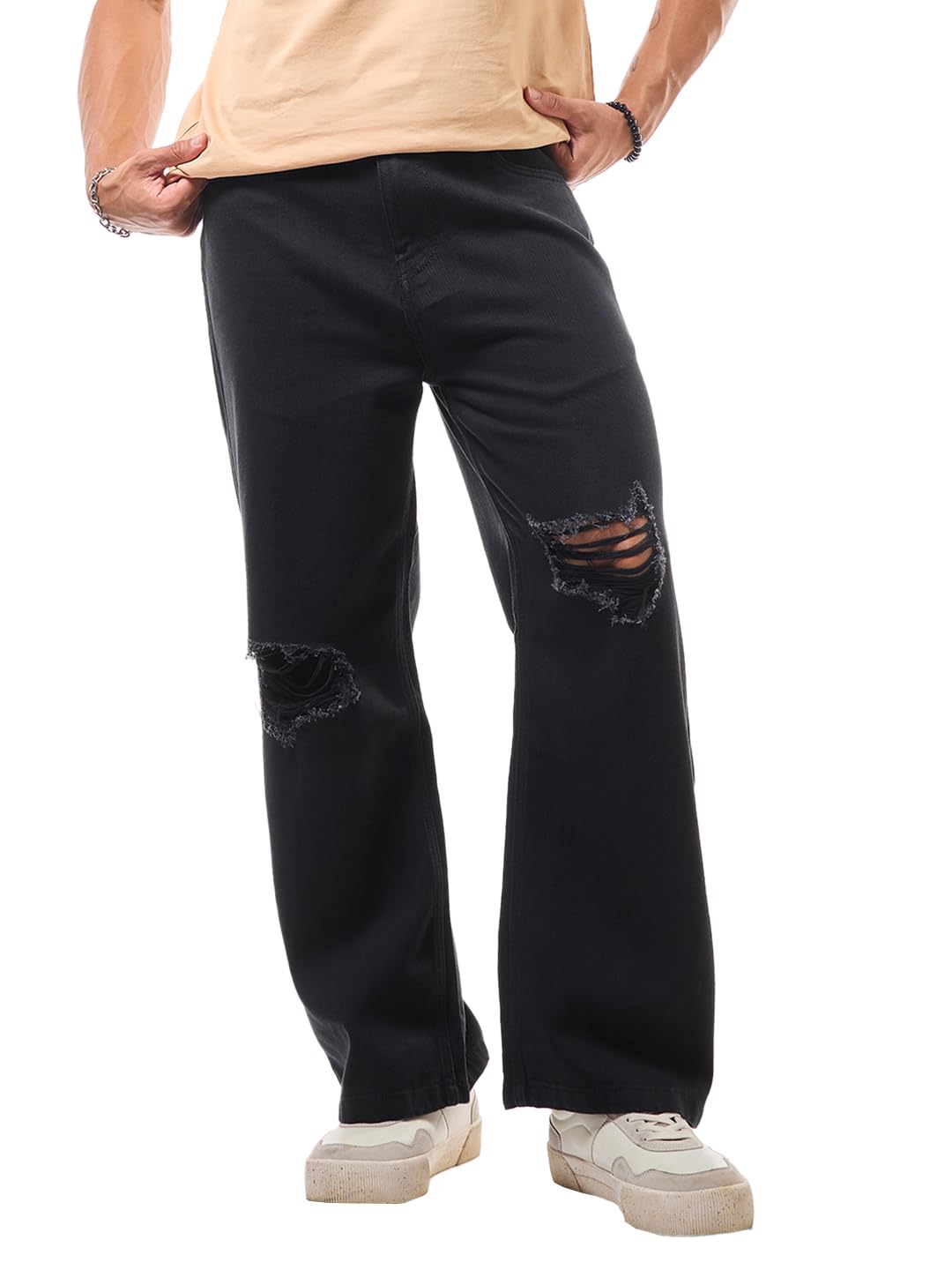 Bewakoof Mens Mid Rise Baggy Straight Fit Jeans_624268_Black_32