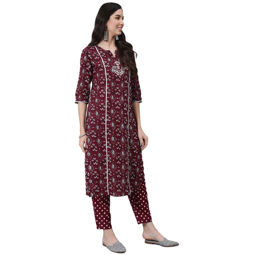 anubhutee Women Maroon Ethnic Motifs Thread Work Pure Cotton Kurta with Trousers With Dupatta