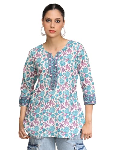 Varanga Women Floral Printed Curved Hem Tunic Blue
