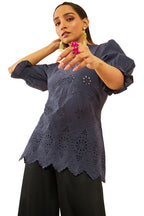 Soch Womens Blue Cotton Floral Schiffli Design Puff Sleeves Tunic