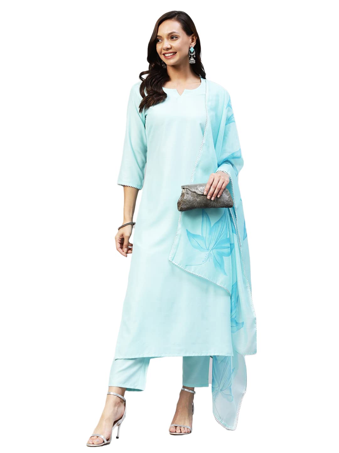 Gosriki Women'S Cotton Blend Straight Solid Kurta With Pant & Dupatta (Resoti Nw Blue_Xl-Go_Blue_X-Large)