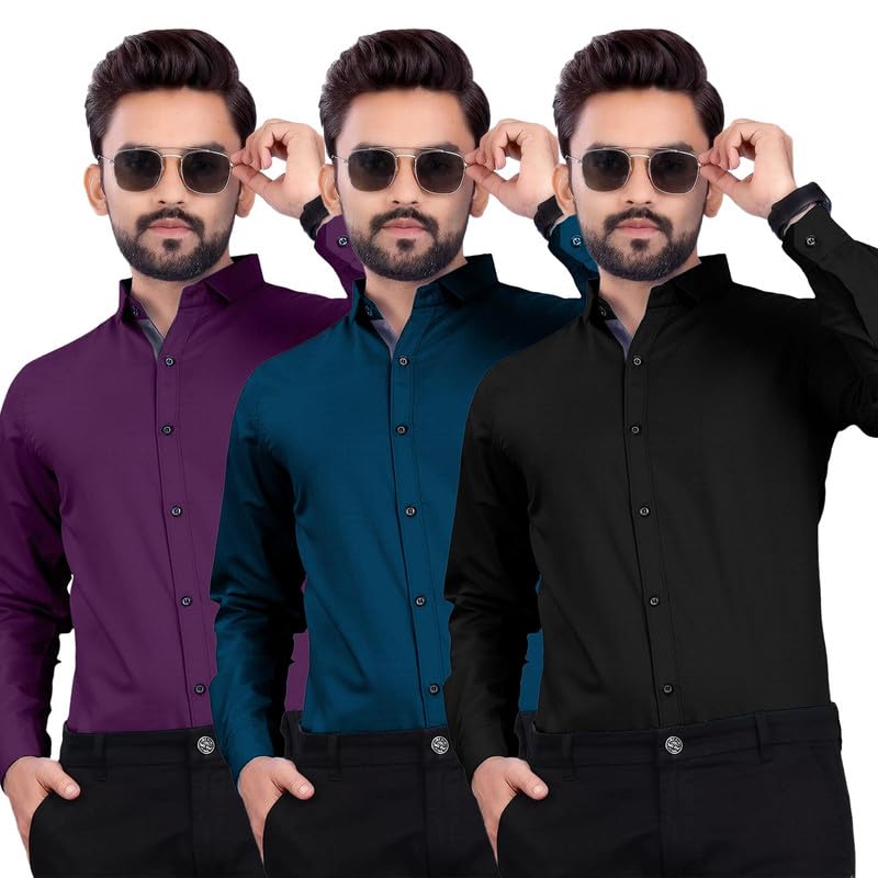 PinkMint Mens Cotton Blend Solid Regular Fit Shirt (Pack of 3) (Skt3_Multicolor22_XL)