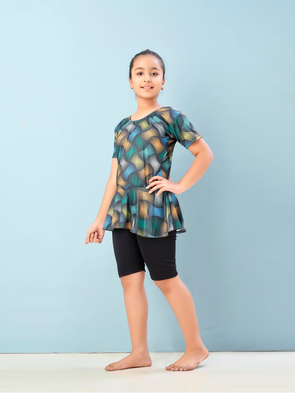 Aarika Girls Sports Wear Green-Black Colour Abstract Print Nylon Swim Suit (5-15 Years)-(SW-SHM-CA-1113)
